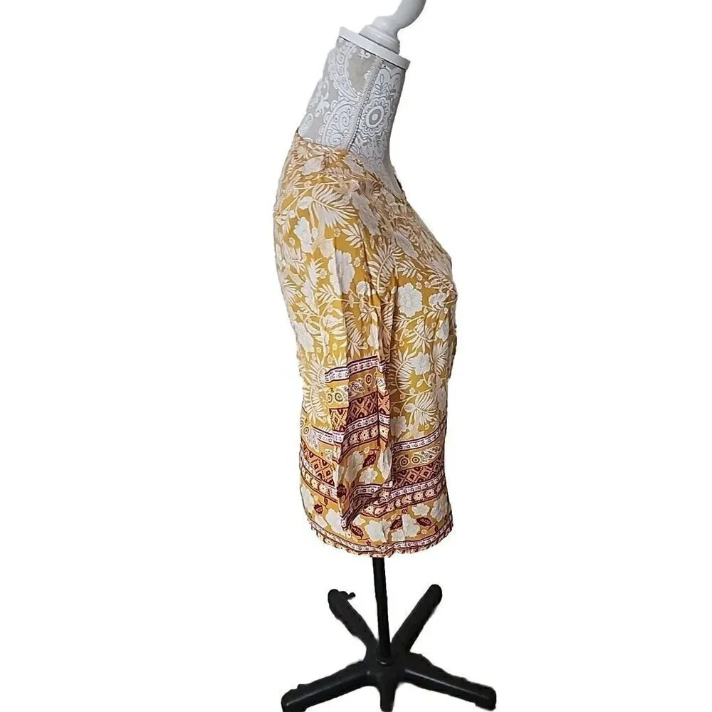 Emery Rose Floral 3/4 Sleeve W/ Birds Boho Top. Gold And Cream. Medium - Picture 8 of 9